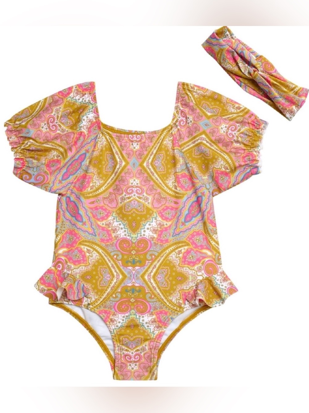 BRAND NEW JESSICA SIMPSON Todfdler Paisley One-Piece Swimsuit w/Headband 18 Mos